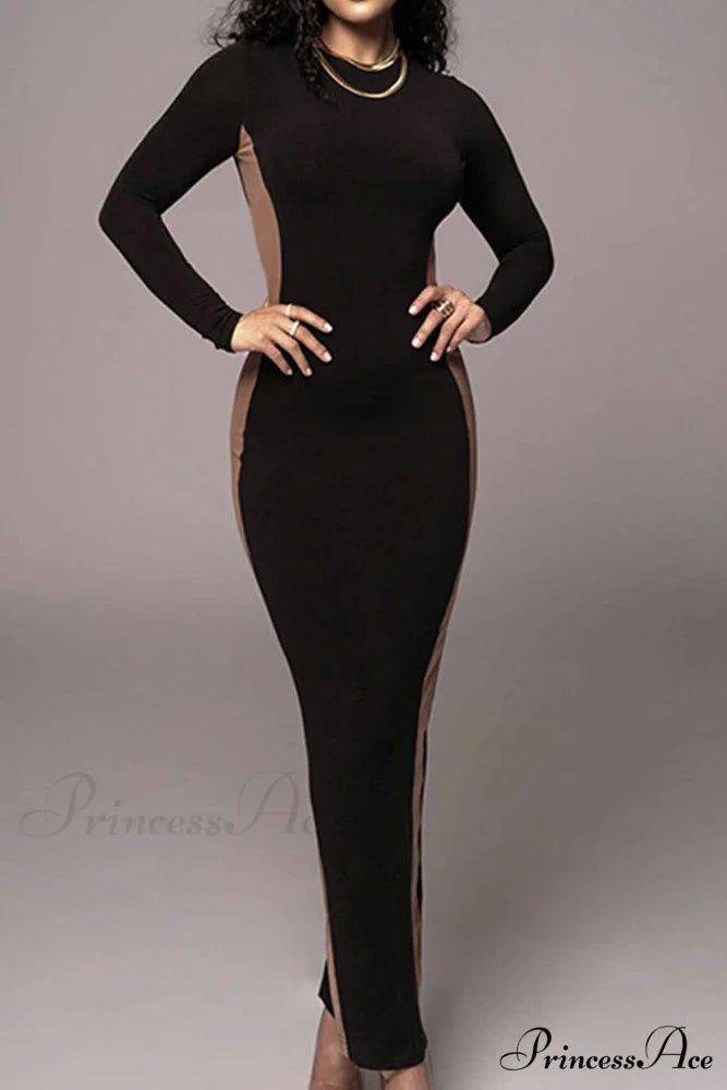 Crew Neck Long Sleeve Slit Midi Dress Black / L