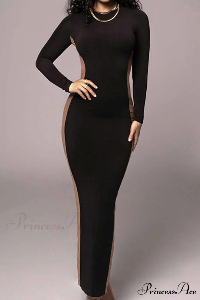 Crew Neck Long Sleeve Slit Midi Dress Black / M