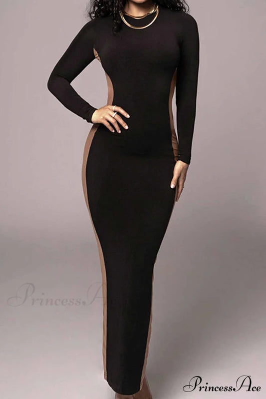 Crew Neck Long Sleeve Slit Midi Dress Black / M