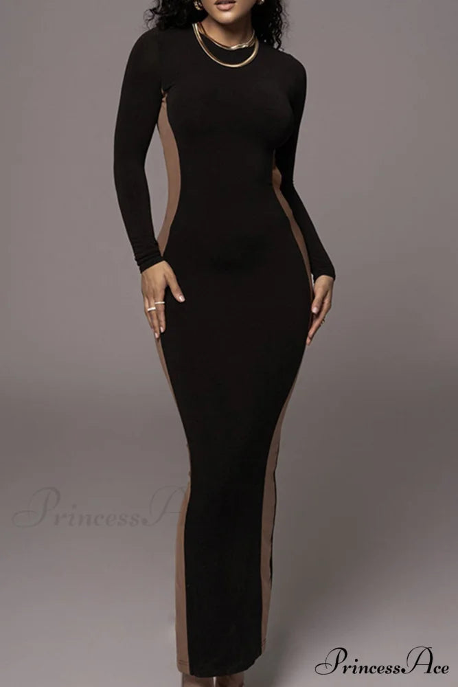 Crew Neck Long Sleeve Slit Midi Dress Black / S
