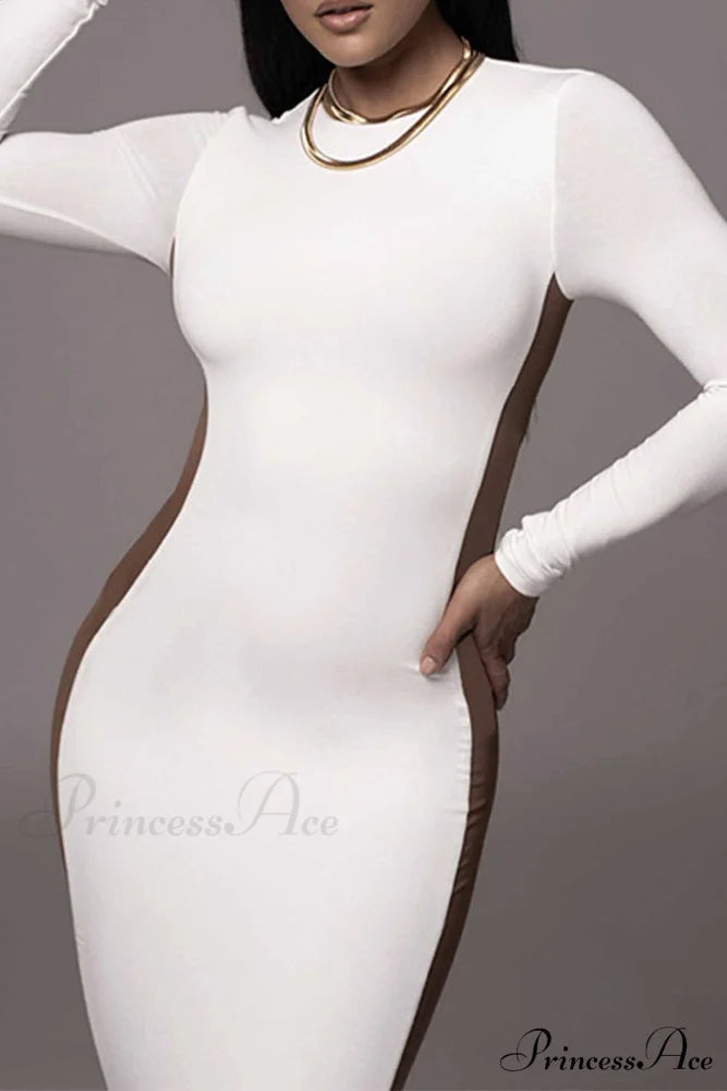 Crew Neck Long Sleeve Slit Midi Dress White / M