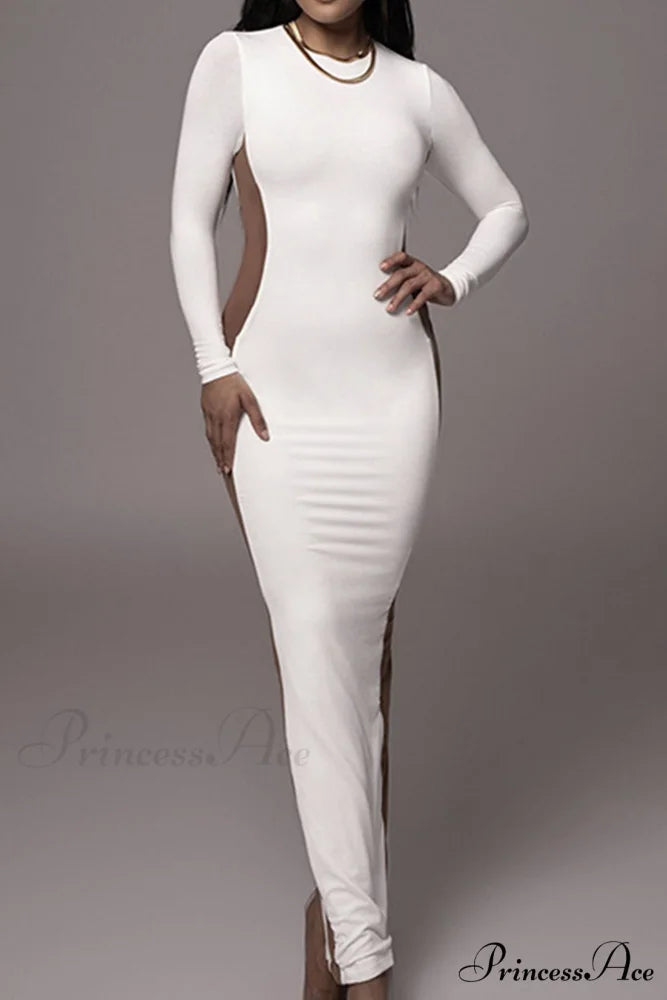 Crew Neck Long Sleeve Slit Midi Dress White / S