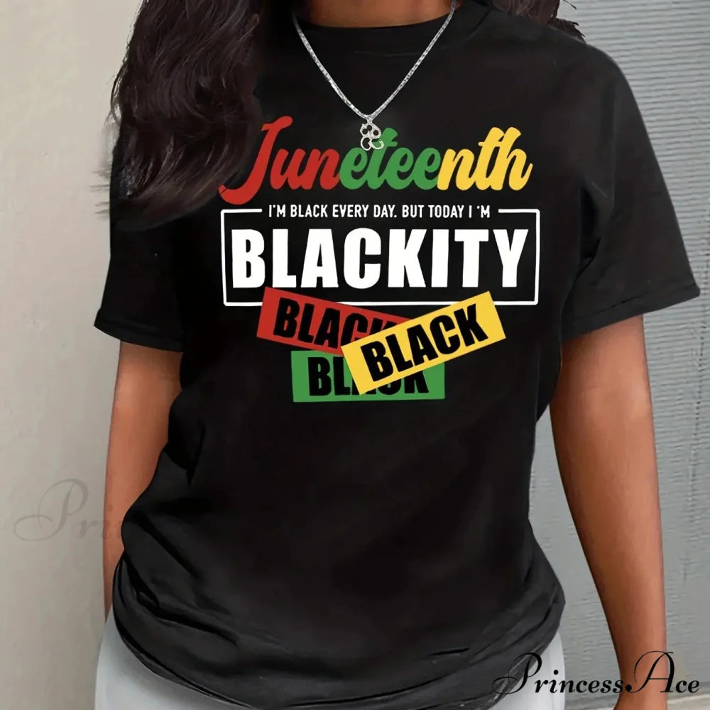 Crew Neck Short Sleeve Letter Print Spring & Summer Women’s Clothing T-shirt BLACK / S