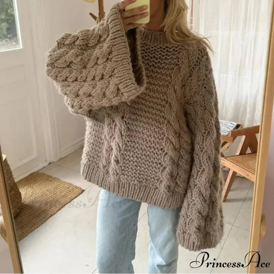 Crewneck Flared Sleeve Fuzzy Sweater Modified Output: Round neck Flared Sleeve Soft Sweater Khaki / S swraters-241228