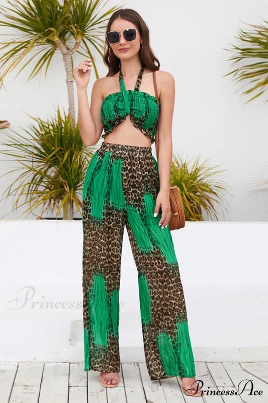 Crimped Top-Pant Stylish Printed 2pc Set S / Green