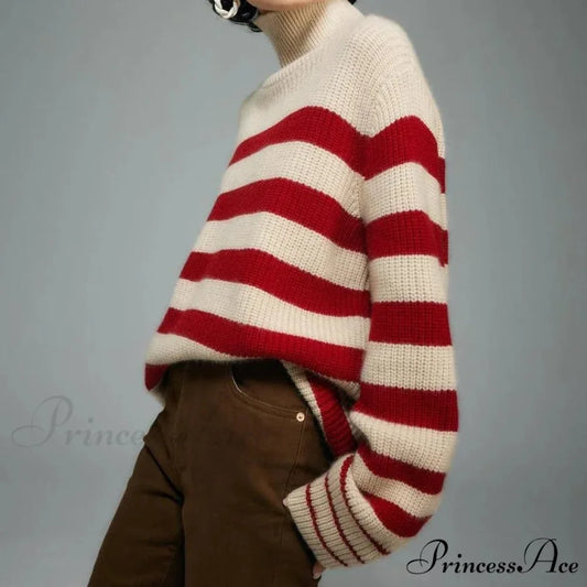 Crimson Banded Bulky Turn of the Century Sweater Red / One Size swraters-241228