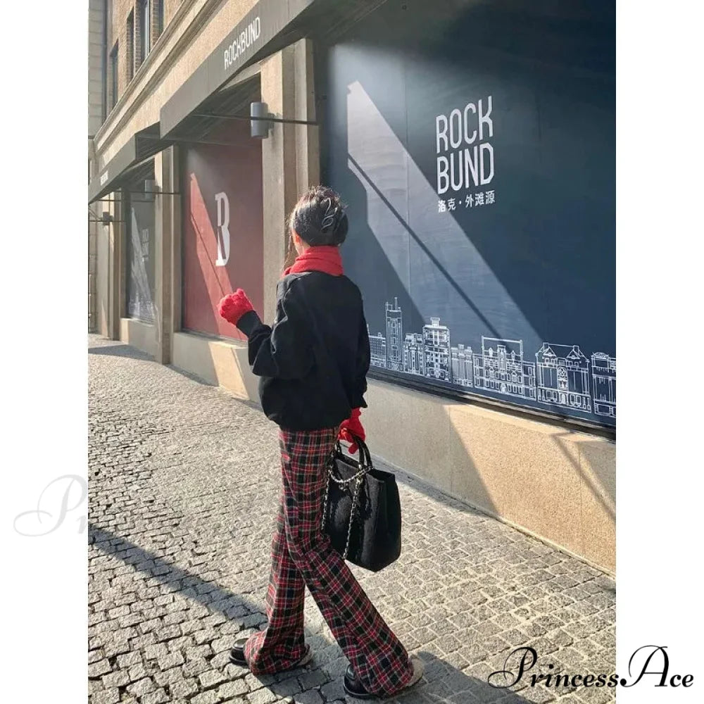 Crimson Checkered 2000s Women Broad Leg Trousers pants-241228