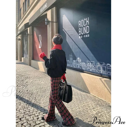 Crimson Checkered 2000s Women Broad Leg Trousers pants-241228