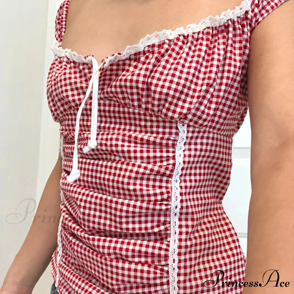 Crimson Checkered Frilled Crop Top croptop-250223