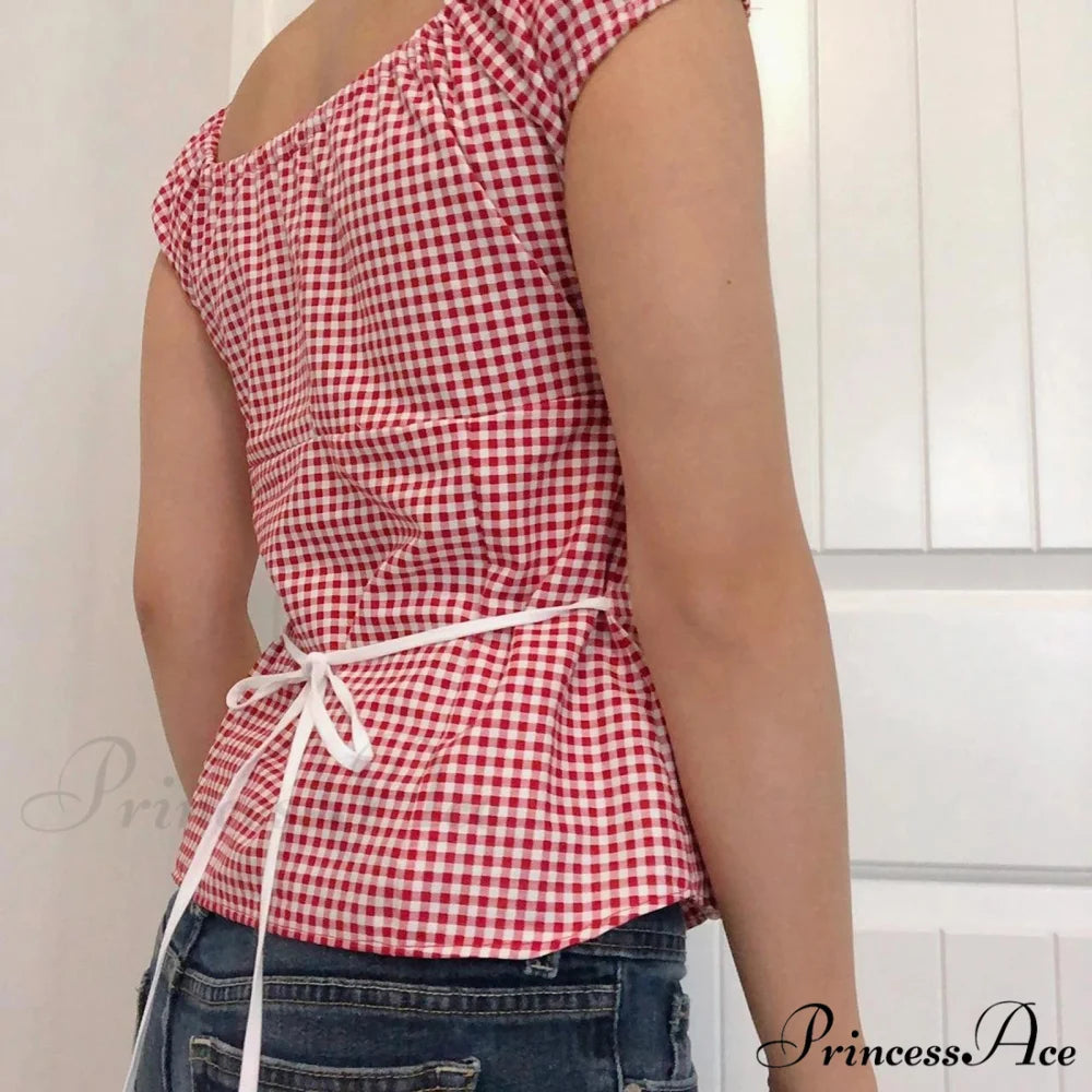Crimson Checkered Frilled Crop Top croptop-250223