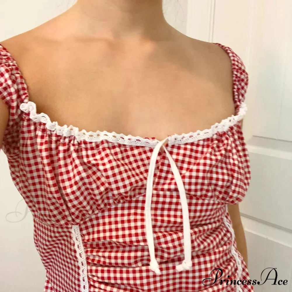 Crimson Checkered Frilled Crop Top croptop-250223