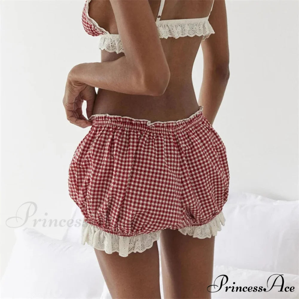 Crimson Checkered Lace Trim Bloomer Short short-250223