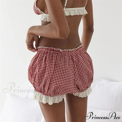 Crimson Checkered Lace Trim Bloomer Short short-250223