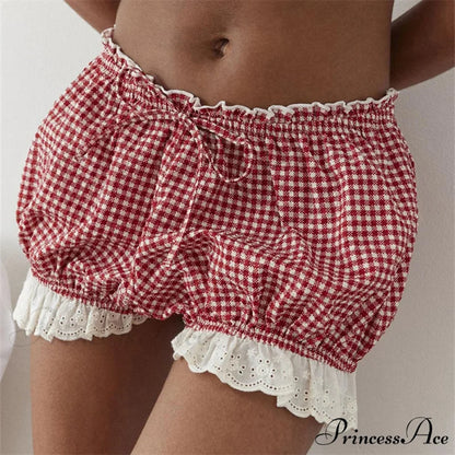 Crimson Checkered Lace Trim Bloomer Short short-250223