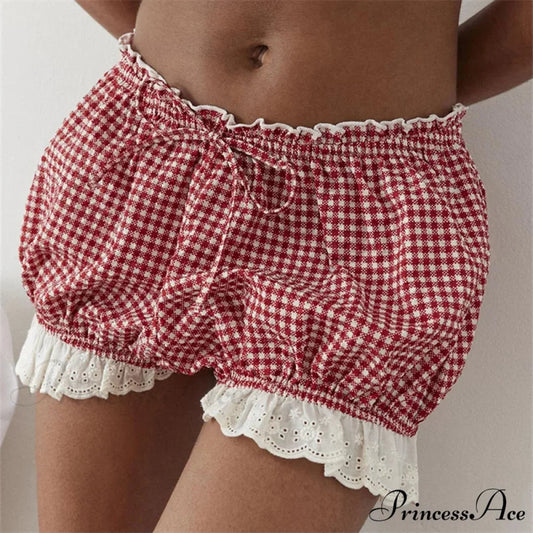 Crimson Checkered Lace Trim Bloomer Short short-250223