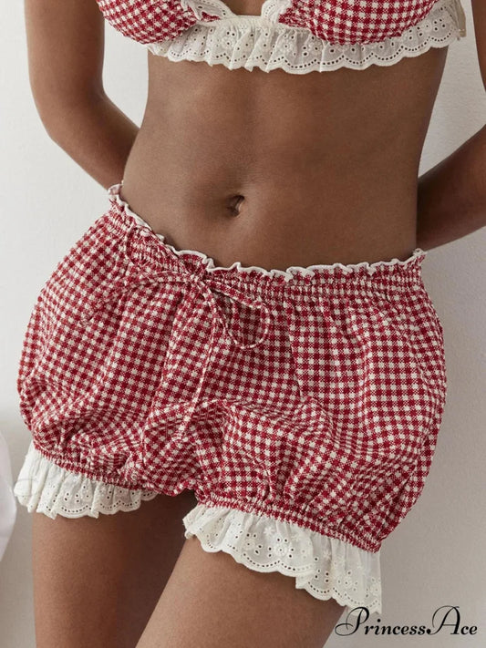 Crimson Checkered Lace Trim Bloomer Short Red / S short-250223