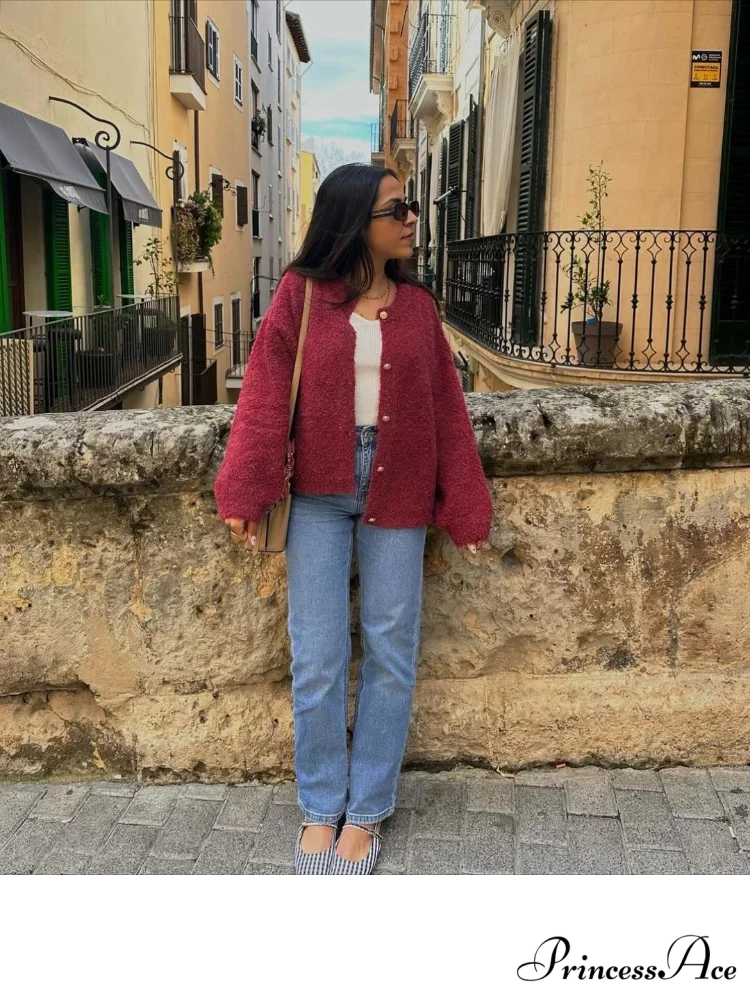 Crimson Circular Neck Button Cardigan cardigans-241228