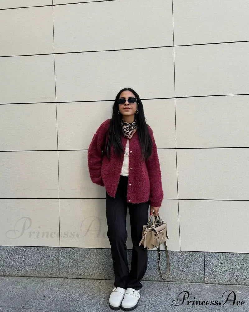 Crimson Circular Neck Button Cardigan Red / S cardigans-241228