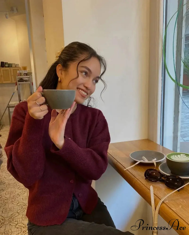 Crimson Circular Neck Cardigan Wine red / S cardigans-241228