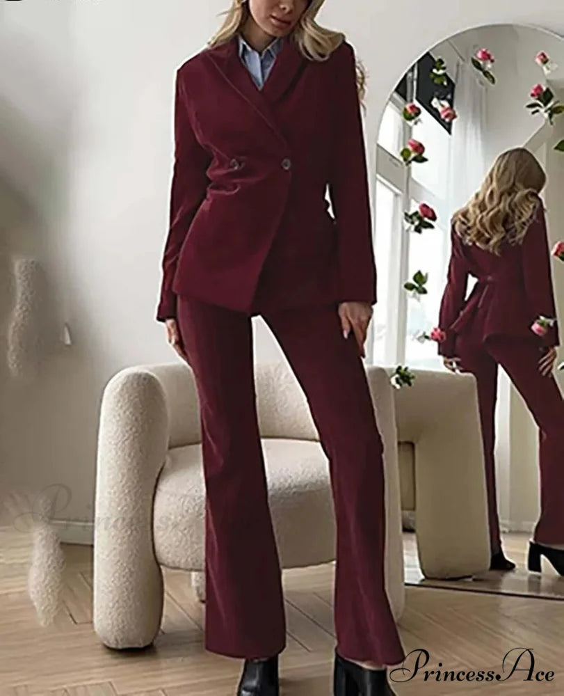 Crimson Dual Buttoned Pants Workplace Two Piece Ensemble Claret / S officetwopieceset-250223