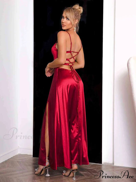 Crimson Elegance Stylish Satin Maxi Dress