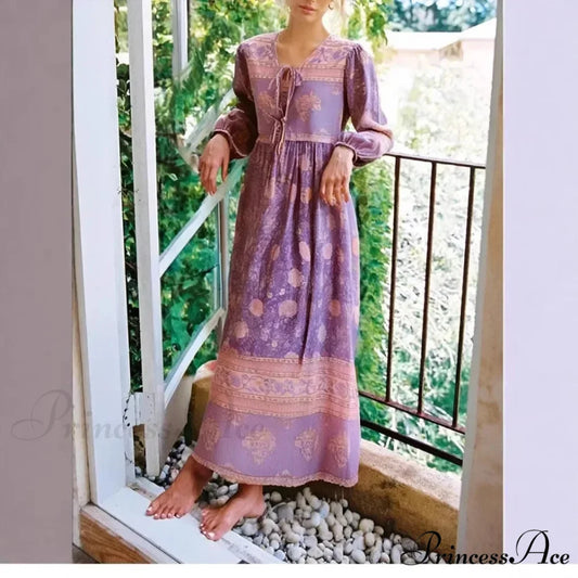 Crimson Flower Pattern Bands Rayon Cotton Pleated Maxi Boho Dress Purple / S bohodress-250126
