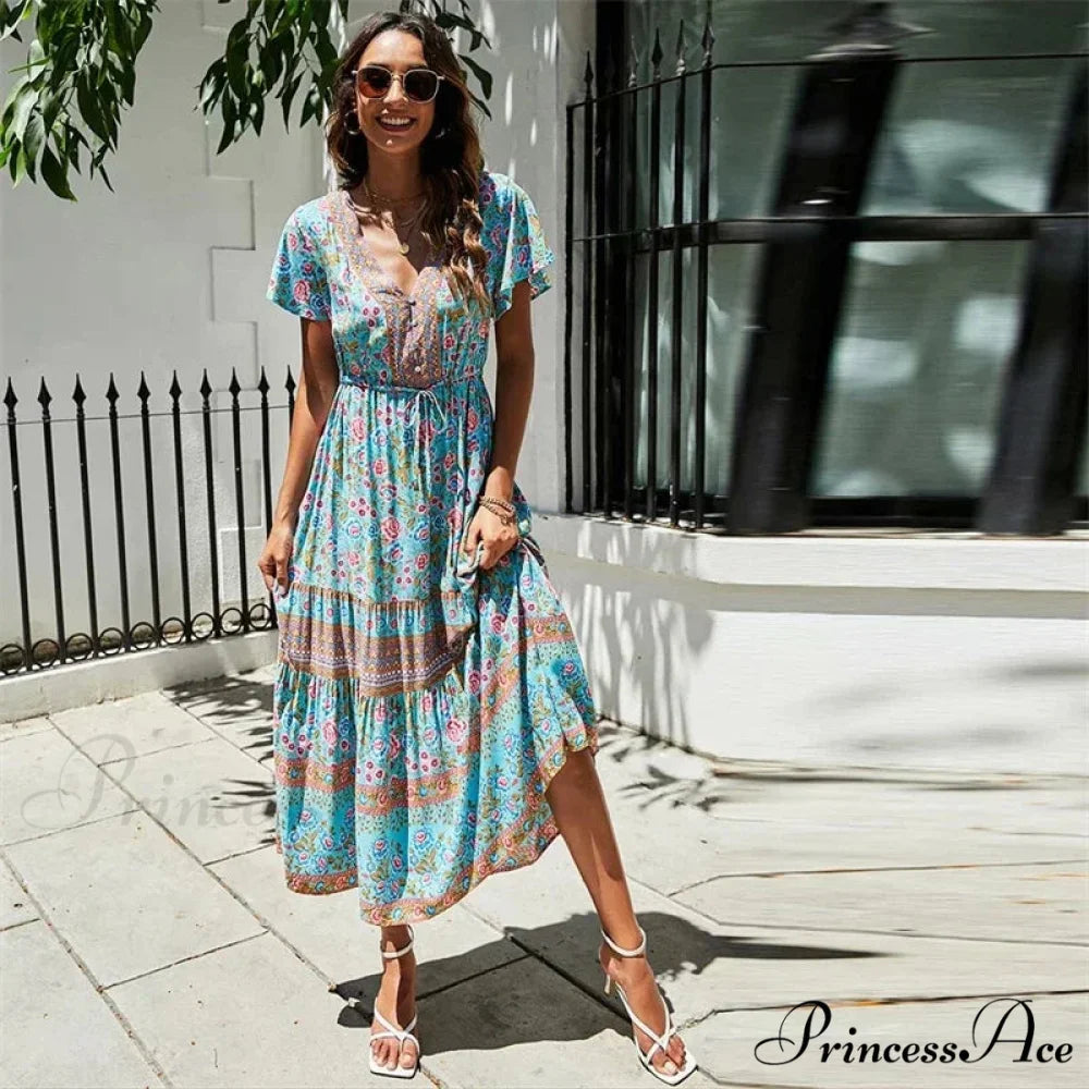 Crimson Flower Pattern Bat Sleeve Fringe V-neck Summer Boho Dress bohodress-250126