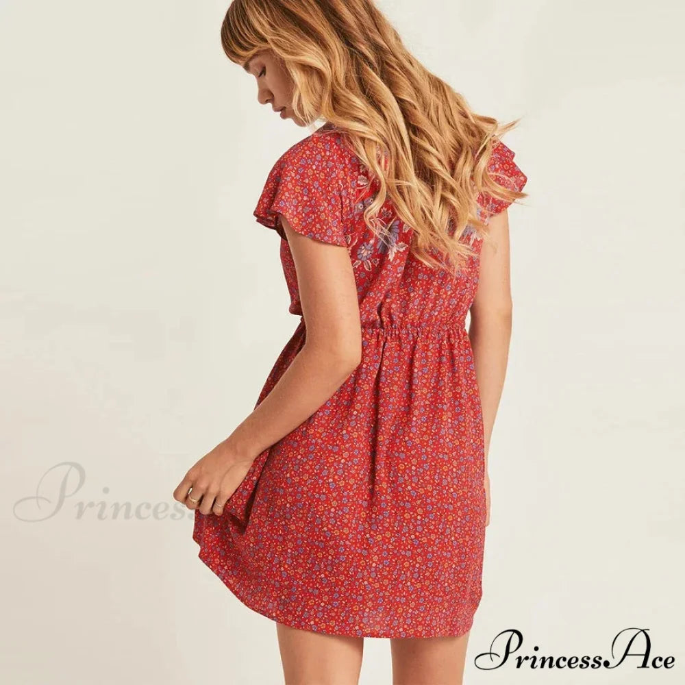Crimson Flower Pattern Bohemian Short Dress bohodress-250126