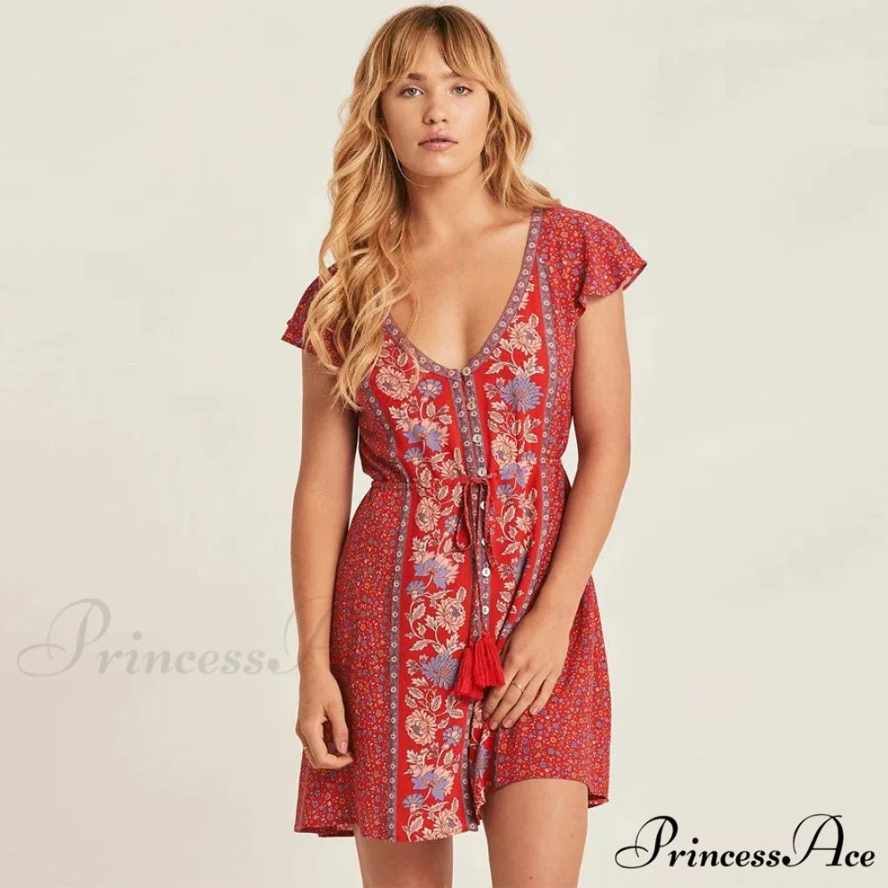 Crimson Flower Pattern Bohemian Short Dress bohodress-250126