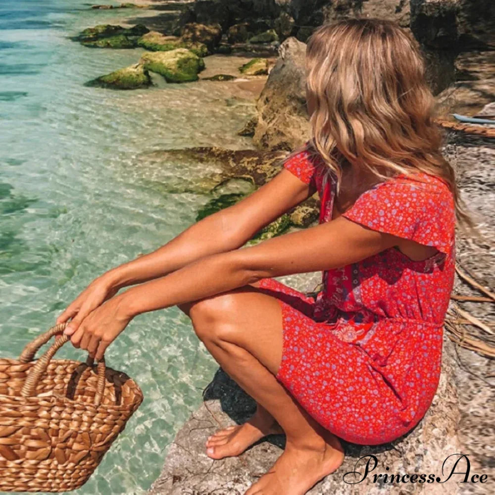 Crimson Flower Pattern Bohemian Short Dress bohodress-250126