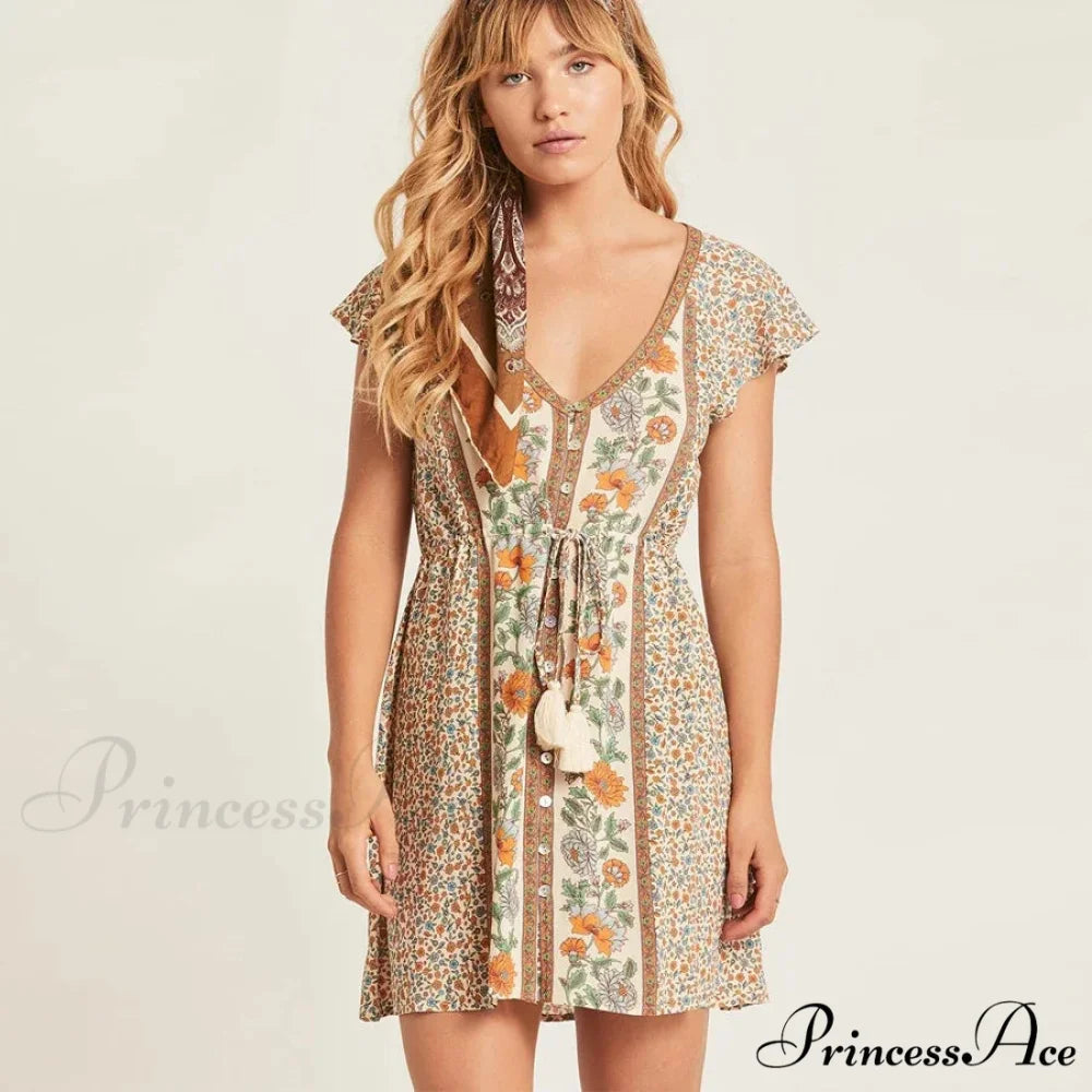 Crimson Flower Pattern Bohemian Short Dress bohodress-250126