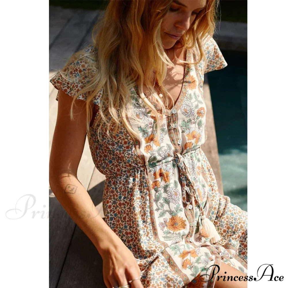 Crimson Flower Pattern Bohemian Short Dress Ivory / S bohodress-250126