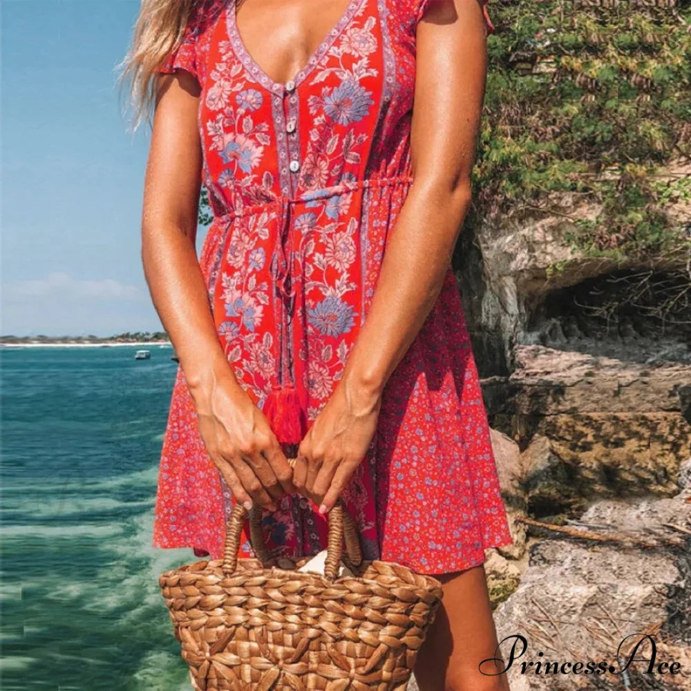 Crimson Flower Pattern Bohemian Short Dress Red / S bohodress-250126