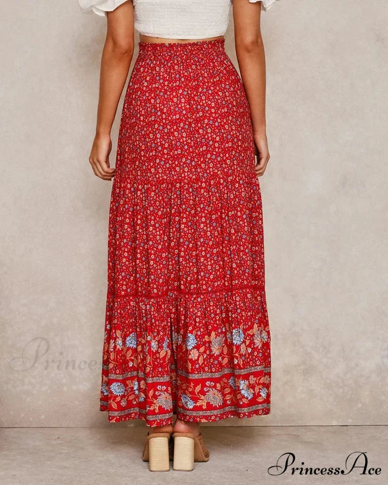 Crimson Flower Pattern Seaside Free-Spirited High Rise Rayon Skirt skirt-250126