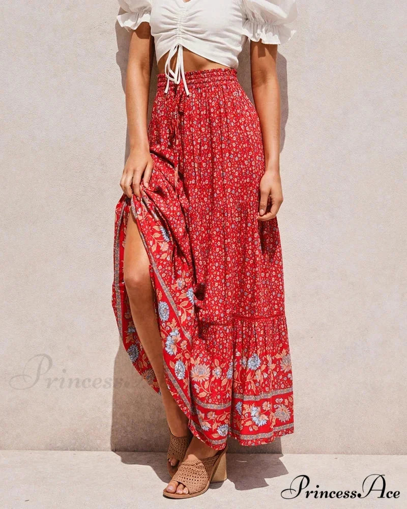Crimson Flower Pattern Seaside Free-Spirited High Rise Rayon Skirt Red / S skirt-250126
