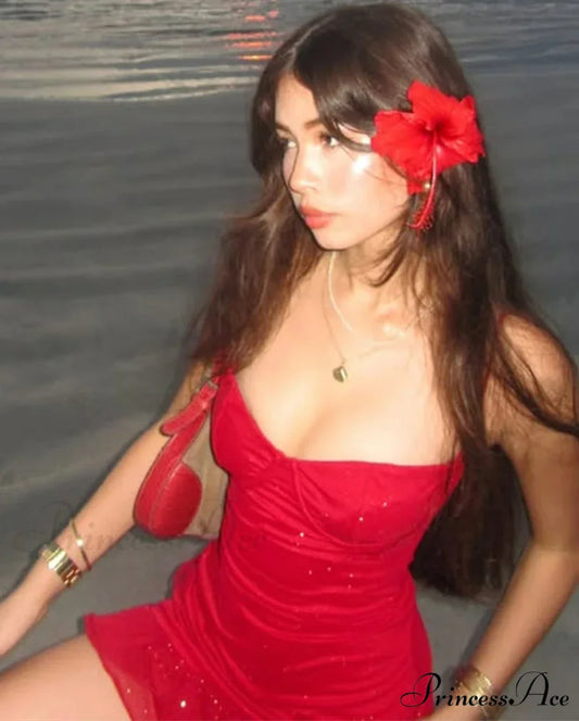 Crimson Frill Sling Mini Dress minidress-250223