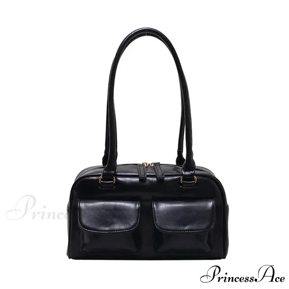 Crimson Glossy Leather Hobo Shoulder Bag Black shoulder-250126
