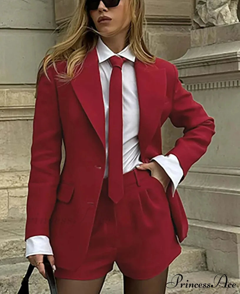 Crimson Pockets Necktie Button Shorts Workplace Two Piece Set Red / S officetwopieceset-250223