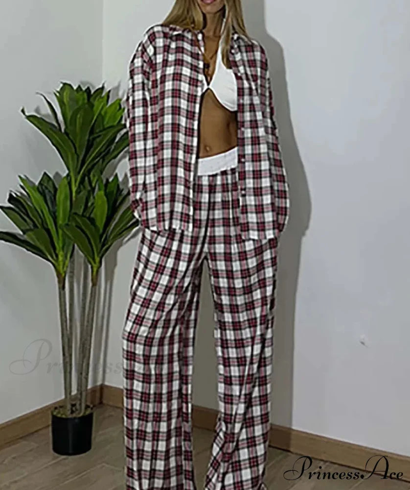 Crimson Press Button Blouse Pants Workplace Two Piece Set officetwopieceset-250223