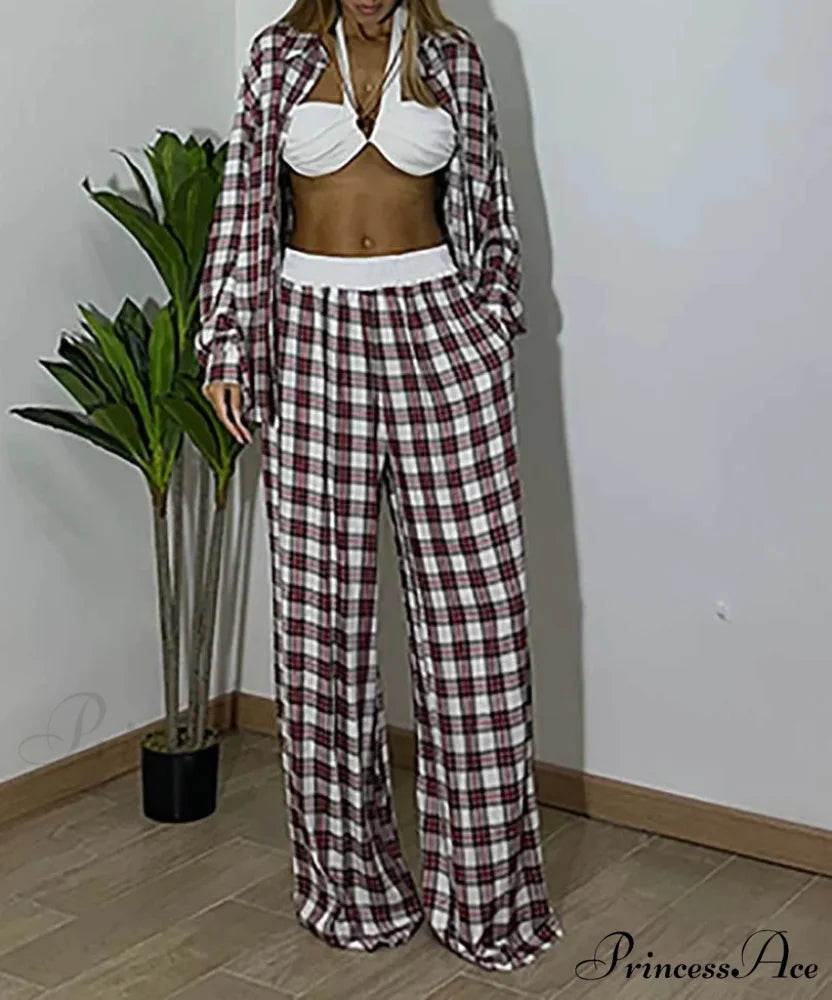 Crimson Press Button Blouse Pants Workplace Two Piece Set Red / S officetwopieceset-250223