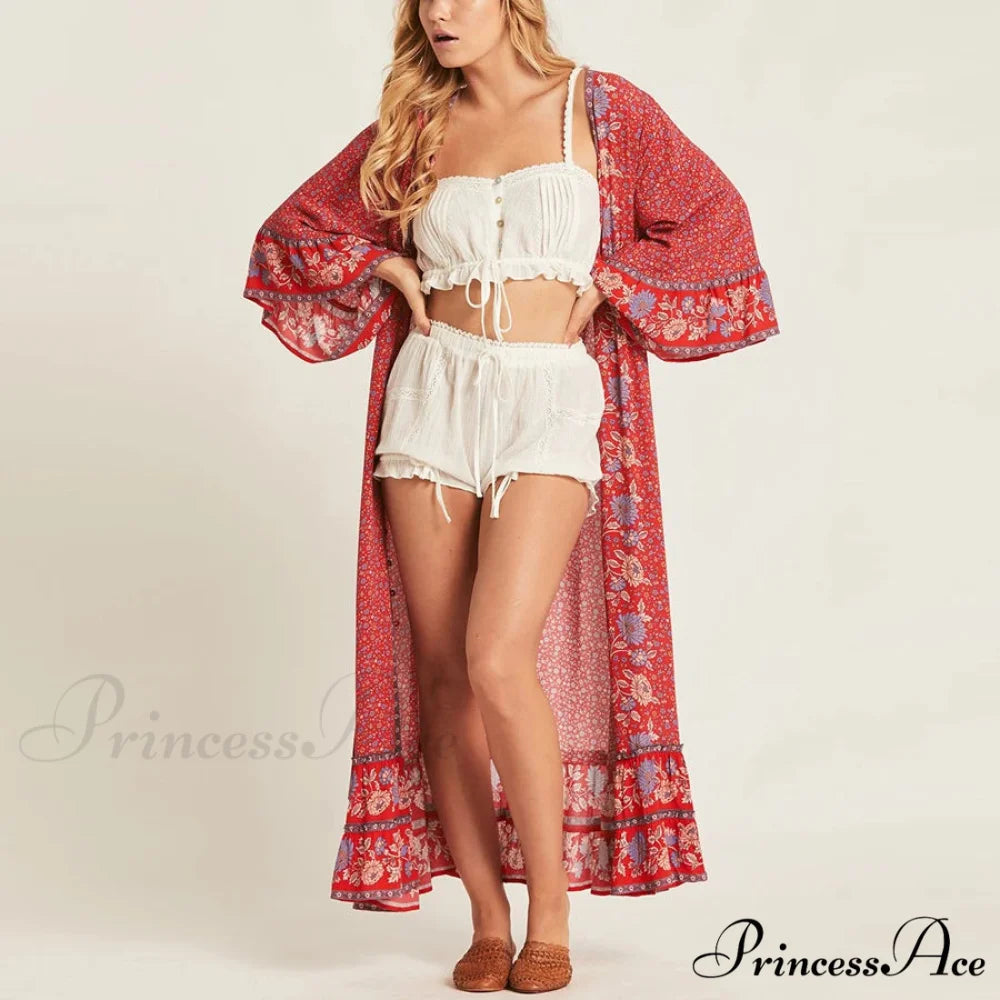 Crimson Rayon Flower Pattern V-neck Adjustable Belt Boho Dress bohodress-250126