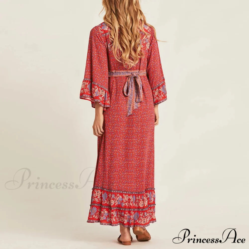 Crimson Rayon Flower Pattern V-neck Adjustable Belt Boho Dress bohodress-250126