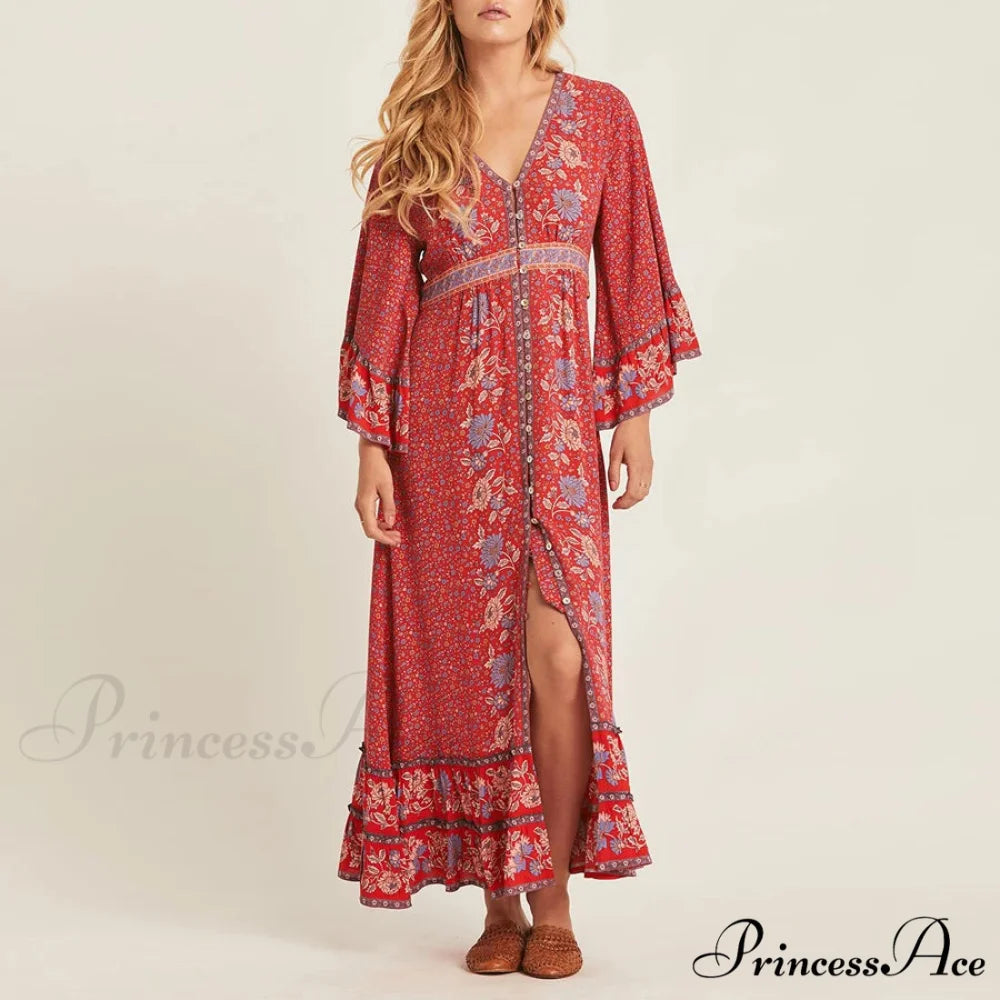 Crimson Rayon Flower Pattern V-neck Adjustable Belt Boho Dress bohodress-250126