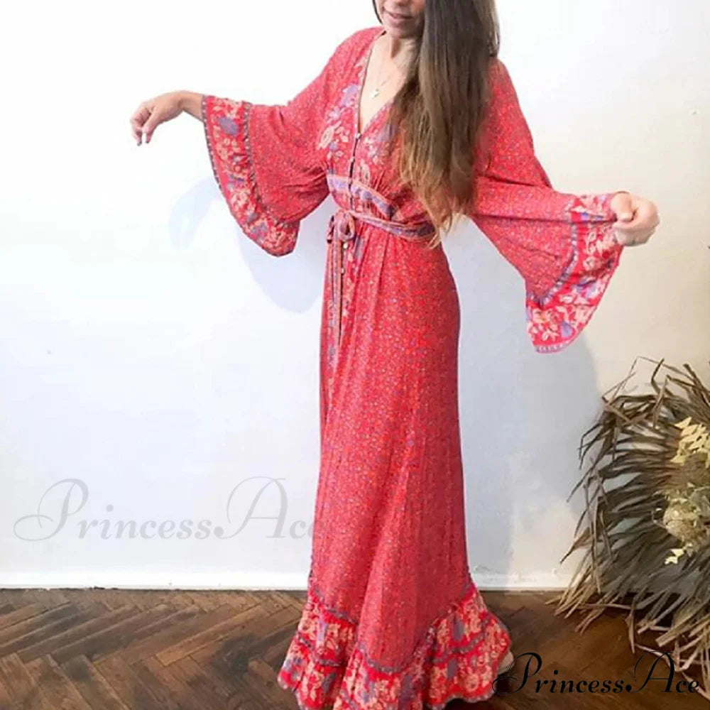 Crimson Rayon Flower Pattern V-neck Adjustable Belt Boho Dress bohodress-250126