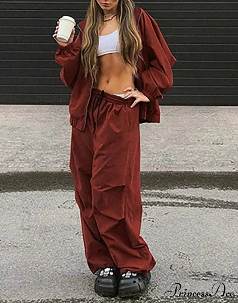 Crimson Zipper Cinched Trousers Workplace Two Piece Set Red / S officetwopieceset-250223