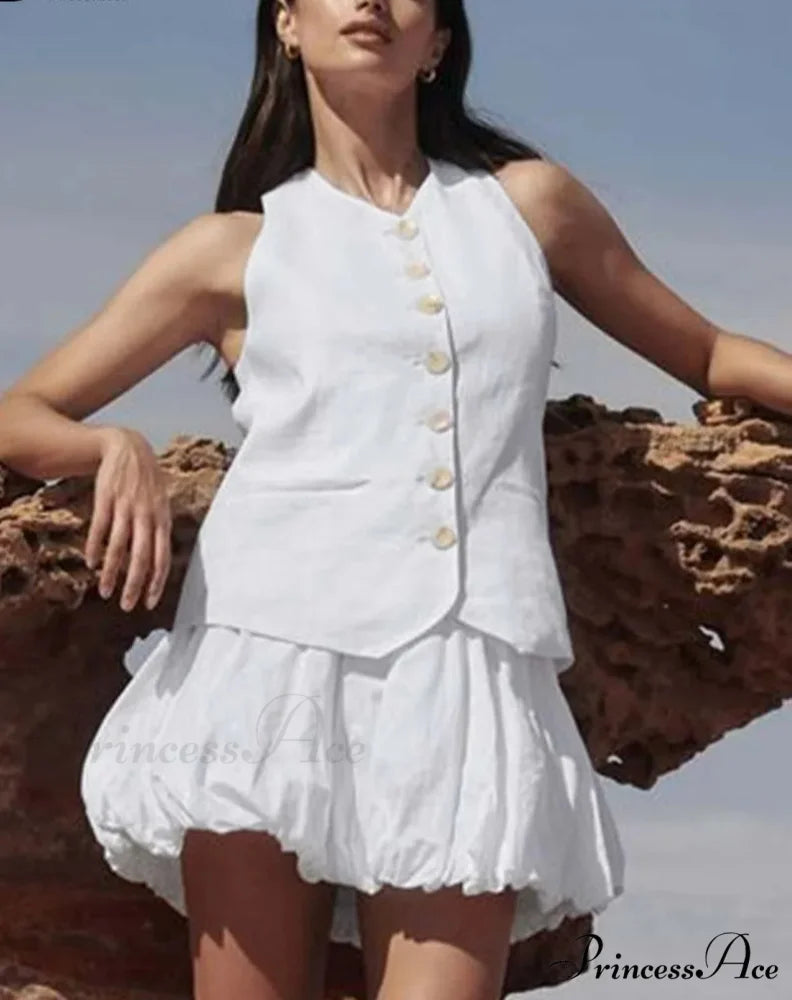Crisp Cotton Sleeveless Gathered Office Two Piece Set WHITE / S officetwopieceset-250223