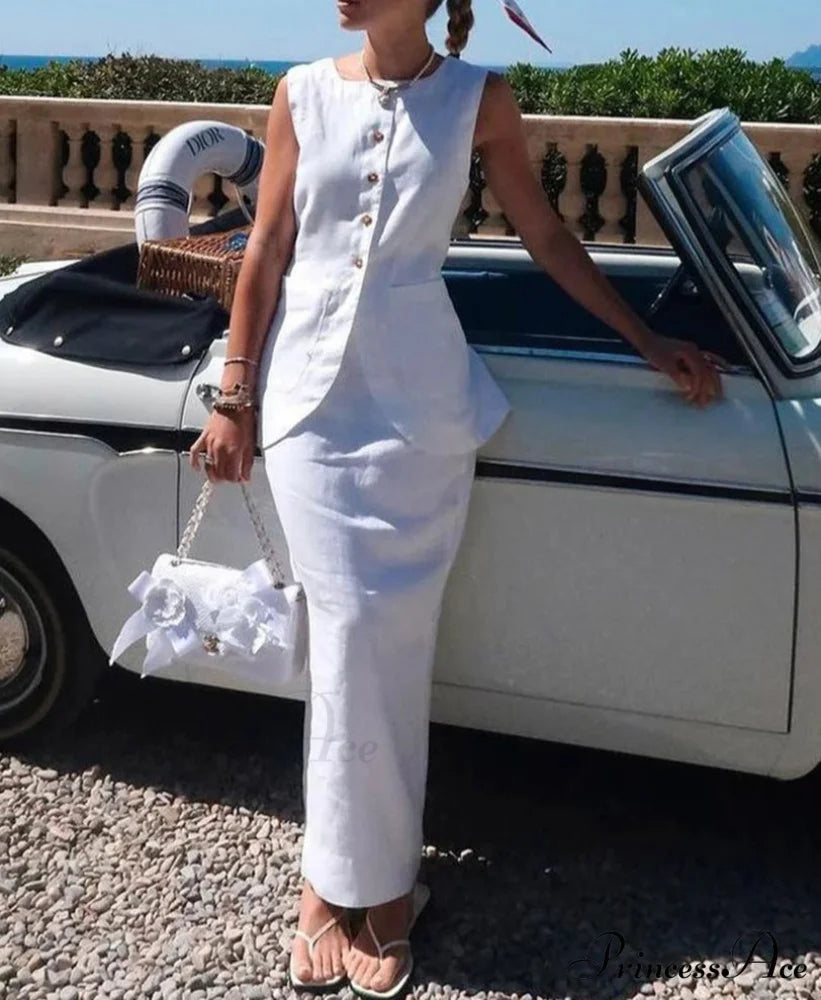 Crisp Cotton Sleeveless Maxi Skirt Workplace Two Piece Ensemble officetwopieceset-250223