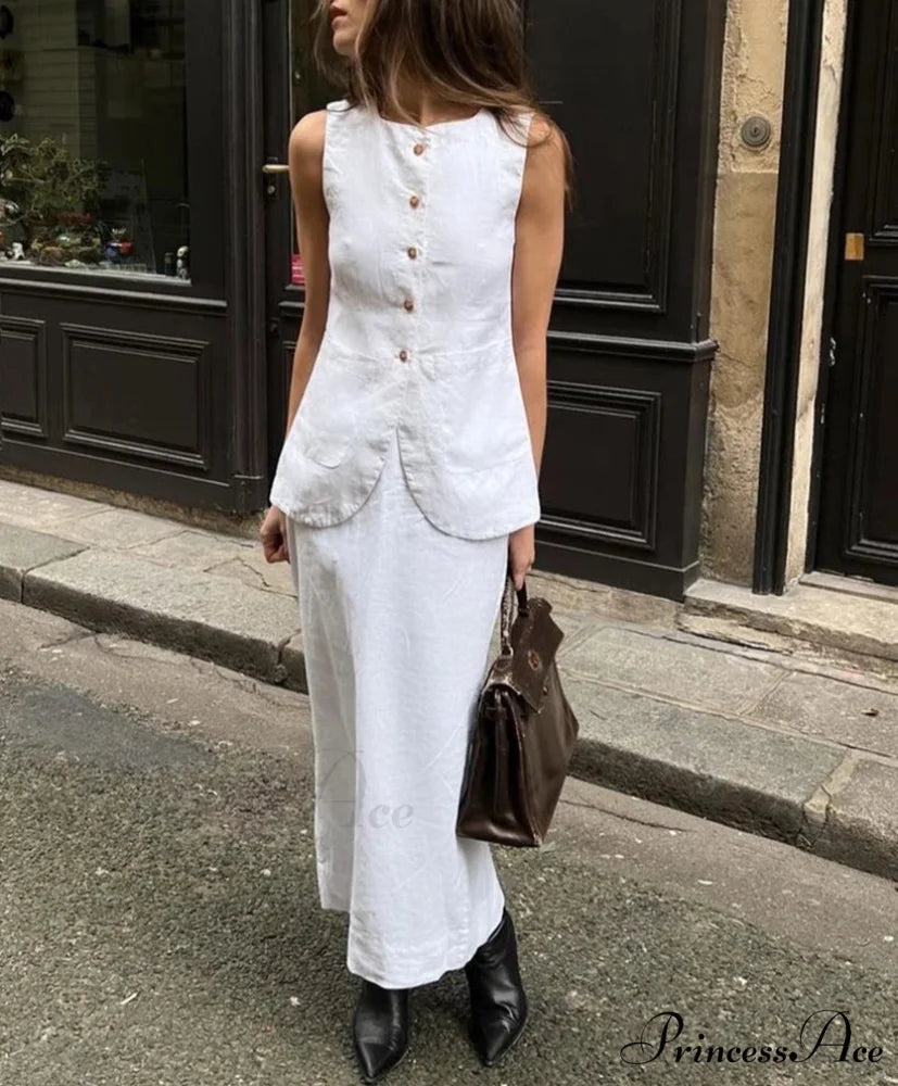 Crisp Cotton Sleeveless Maxi Skirt Workplace Two Piece Ensemble WHITE / S officetwopieceset-250223