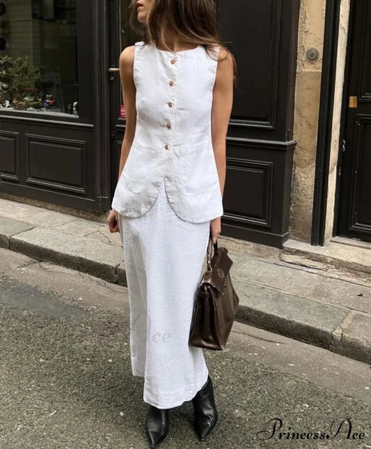 Crisp Cotton Sleeveless Maxi Skirt Workplace Two Piece Ensemble WHITE / S officetwopieceset-250223