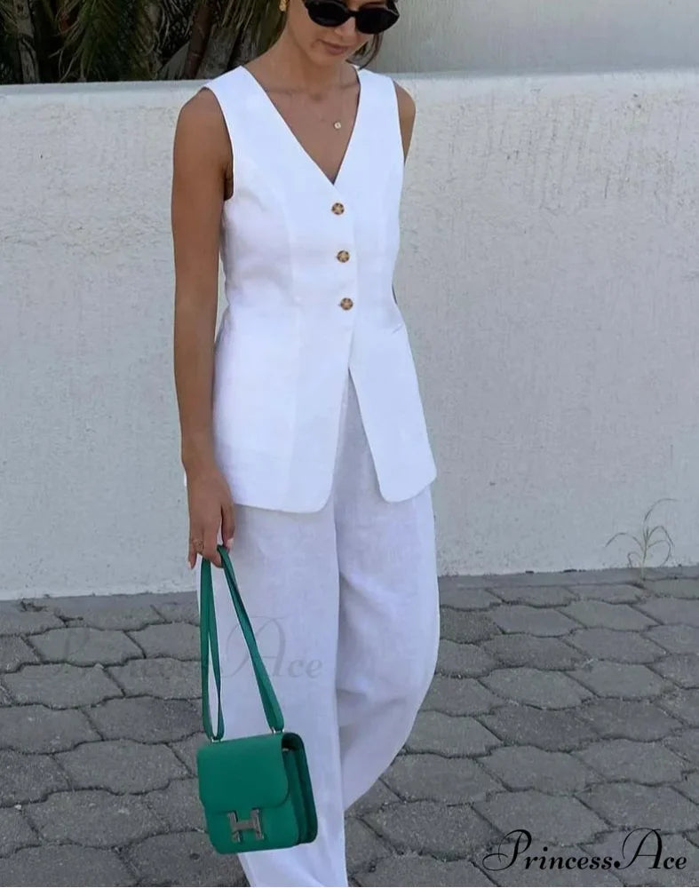 Crisp Cotton Sleeveless Straight Pants Office Two Piece Set officetwopieceset-250223